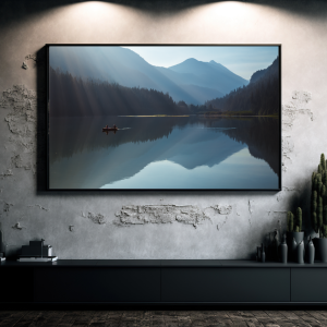 Photograph of Diablo Lake with a canoe, surrounded by evergreen forests and mountains in Washington.