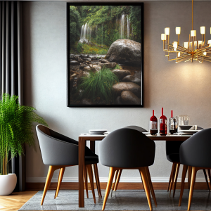 Photograph of two cascading California waterfalls surrounded by lush greenery and rocks.