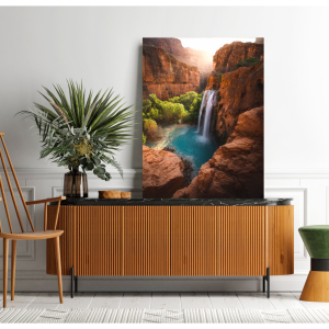 Photograph of Havasupai Falls with turquoise waters surrounded by red rock formations in Arizona.
