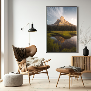 Photograph of Liberty Bell Mountain reflected in a clear pond, surrounded by green meadows in Washington.