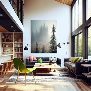 Photograph of misty woods with tall trees in Washington.